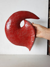 Red ceramic wall sculpture with embossed Chinese cloud design, auspicious dragon fang art, lucky Asian gift