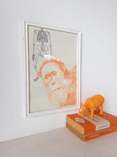 Original drawing of orange bonobo ape and Neanderthal skeleton on paper, mixed media art