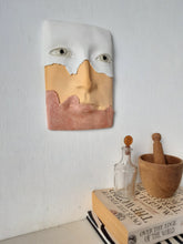 White peach and orange wall mask, handmade ceramic pottery face plaque, pastel room decor birthday gift for friend