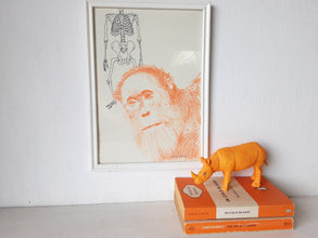 Original drawing of orange bonobo ape and Neanderthal skeleton on paper, mixed media art