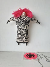 Pink haired female doll, with black on beige embroidered linen body, ceramic head, arms and legs, boudoir decor