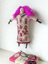 Pink haired female doll, with crimson pattern on beige embroidered linen body, ceramic body parts, boudoir decor