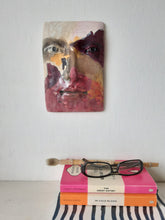 Pink purple and orange abstract ceramic wall sculpture face, 3D modern art work