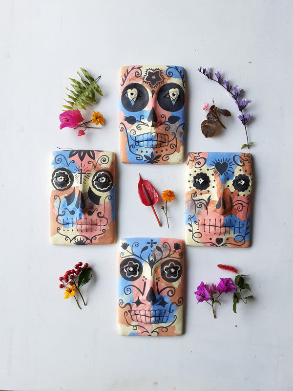 Day of the dead art ceramic wall sculpture, set of four, colorful skulls decor for Dia de los Muertos