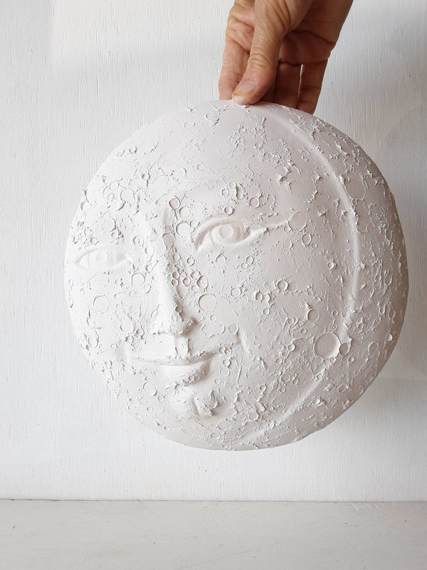 White ceramic moon sculpture for nursery wall, new baby bedroom art gift