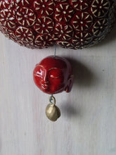 Deep berry red ceramic wall sculpture with happy Buddha head and brass temple bell, Buddhist art gift