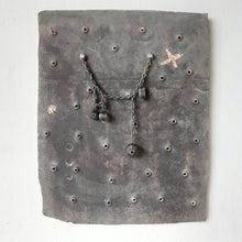 Pewter black tile sculpture with pierced surface and metal chain and beads, ceramic wall art gift