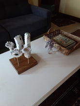 White sculpture with five organic ceramic shapes on a timber plinth, Modernist coffee table art