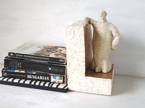 Nude male ceramic sculpture with bookend plinth, naked man in antique white crackle glaze, gay gift