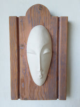 White ceramic face on timber wall mount, mixed media wall sculpture, gift for art lover