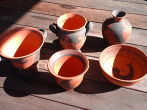 Hand painted terracotta bowl, Greek style ceramic tableware with black brushwork deer