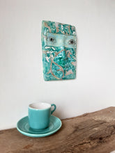 Turquoise green and gray pottery wall face, boho ceramic sculpture of female head