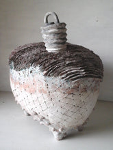 Ceramic sculpture in blue white gray with fish net, barnacles and coral, beach decor