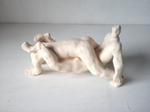 Naked male wrestlers sculpture in pale polished terracotta, nude pair of gymnastic men