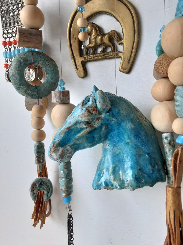 Turquoise blue horse mobile hanging sculpture with driftwood and ceramic elements, country style horse lover gift